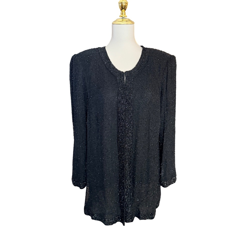 Vintage Patra Stenay Silk Black Beaded Evening Jacket Cardigan 1X Plus Size Glam